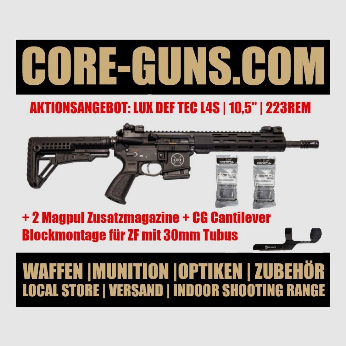 Lux Def Tec LDT L4s AR15 Selbstladebüchse 10,5" Kaliber 223Rem AKTION inkl. 2 Magpul Zusatzmagazinen und CG Cantilever Blockmontage UVP: 1775€