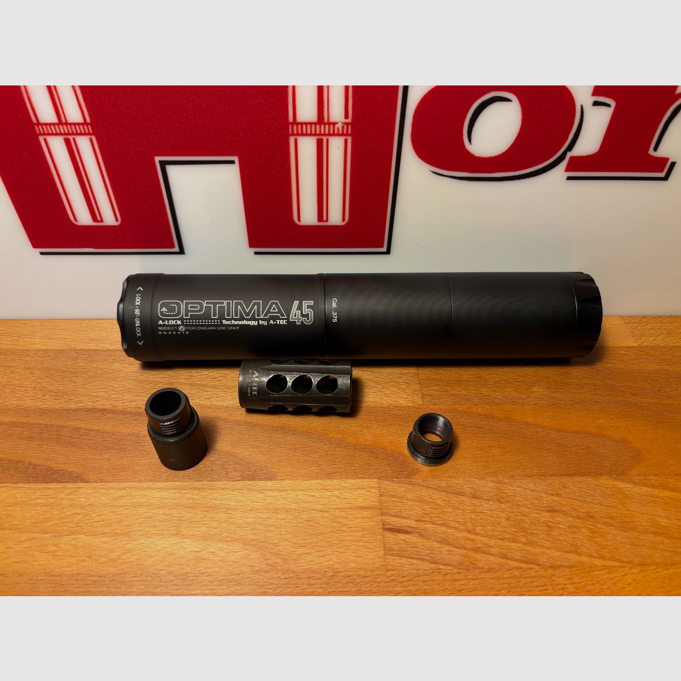 Schalldämpfer A-Tec Optima 45 OB .375 cal. mit A-lock Set Mündungsbremse und 2 Adapter!