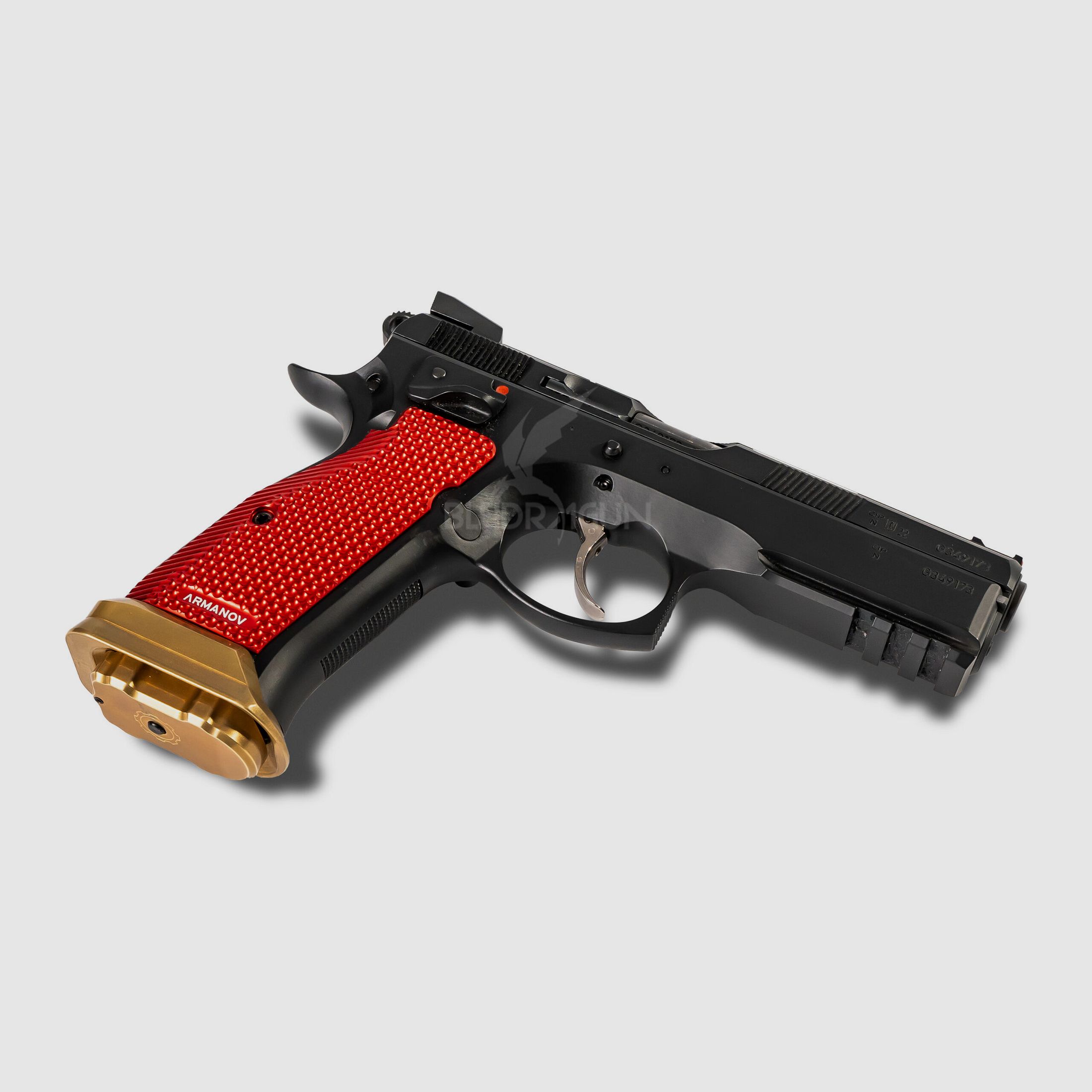 BLEIDRAGUN`s SHADOW 1 SCHWARZ/ROT/GOLD - CZ 75 SP-01 Shadow 9mm Luger Set mit Daumenauflage, Holster u.v.m.