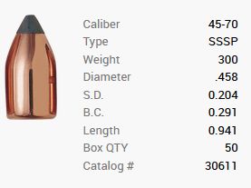 Barnes Geschoss .45-70/.458 300GR Originals Semi-Spitzer FB 50 Stück