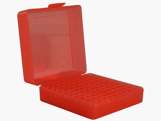 MTM scatola per cartucce P-100-22M-29 rossa trasparente con coperchio a ribalta per 100 cartucce .22 LR / .17 HMR / .22 WMR