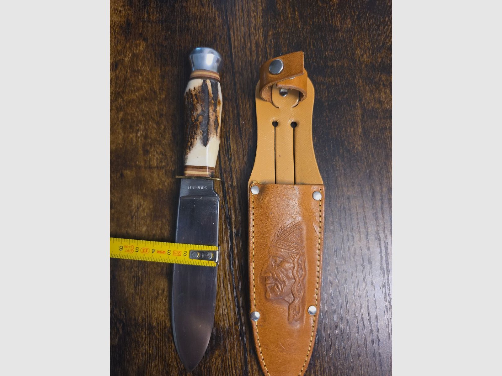 Solingen hunting knife stag horn handle stainless steel drop point 10.1–13 cm + sheath