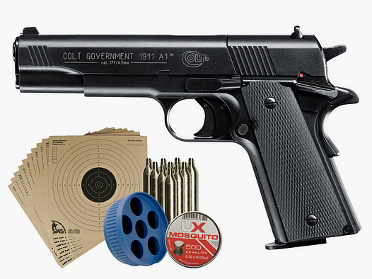 CO2 Pistole Colt 1911 A1 schwarz Kaliber 4,5 mm Diabolo (P18)+ Diabolos Zielscheiben CO2 Kapsel Speedloader