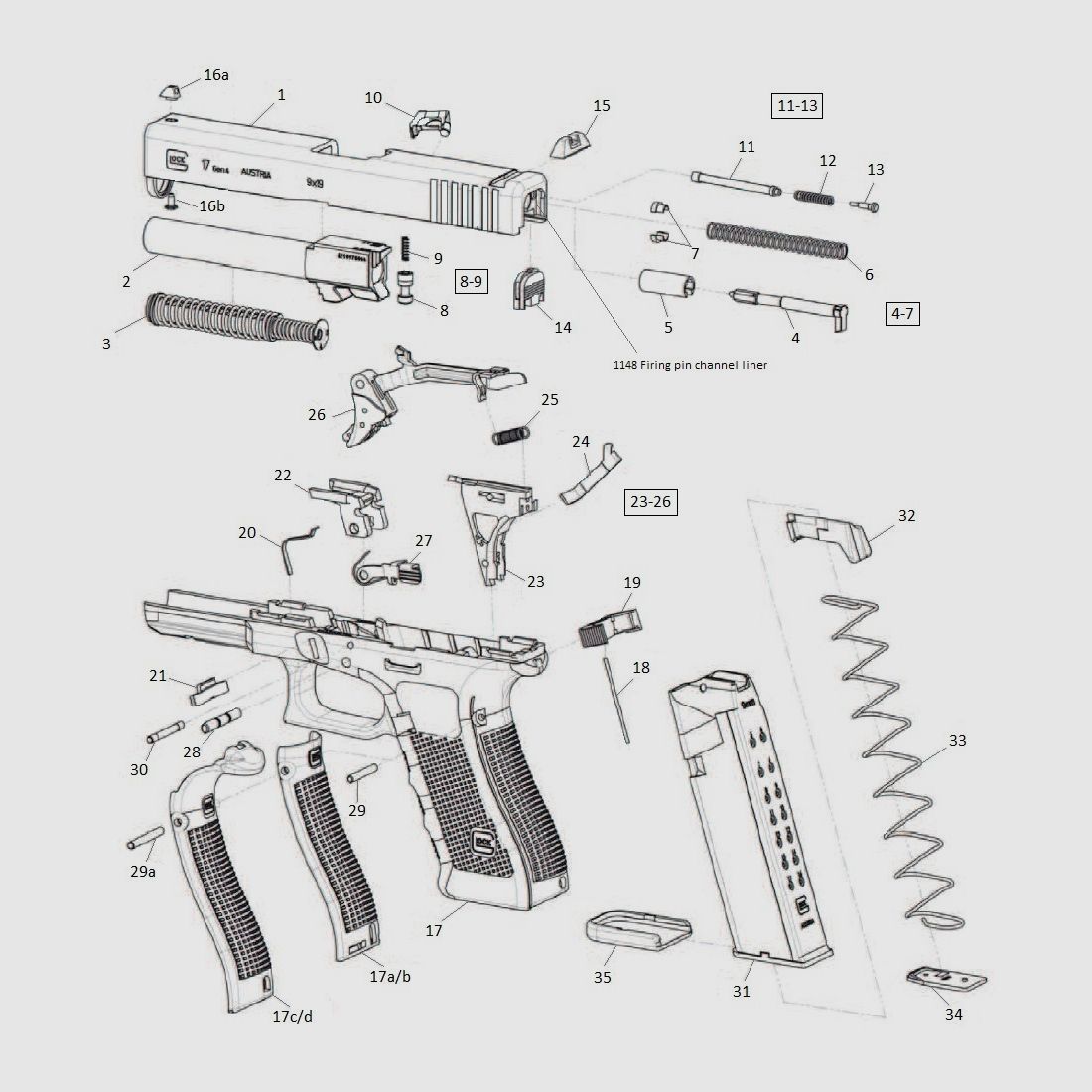 GLOCK 3449 EXTRACTOR DEPRES PLUNGER ASSEMBLIERT Kal. 9mm