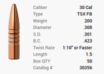 Barnes bullet .30/.308 200GR TSX FB 50 pieces