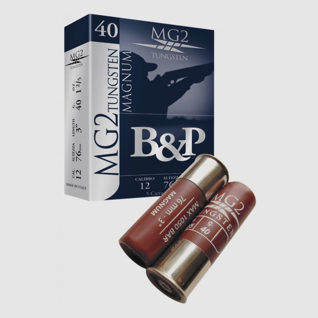 Box mit 5 Patronen Tungsten B&P MG2 Tungsten 40 Magnum Kal. 12/76mm Nr. 6 40G