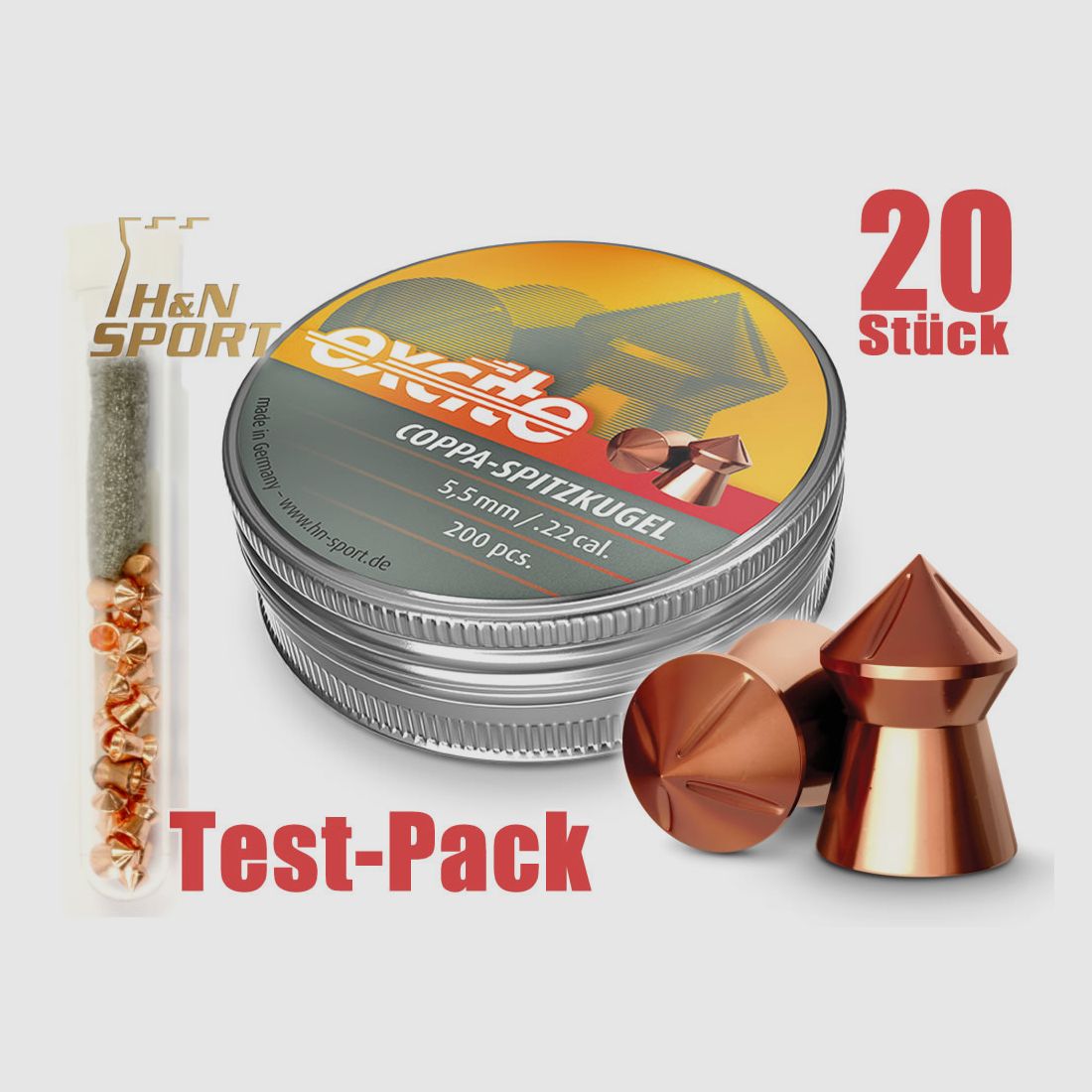 Testpack 20 StĂĽck H N Spitzkopf-Diabolo EXCITE COPPA Spitzkugel, verkupfert, Kal. 5,50 mm