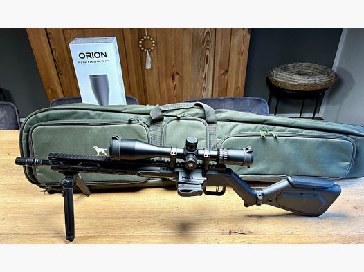 Carabine à répétition HERA H6K Cal. .223Rem avec détente Recknagel et crosse rabattable en set avec swivel bipied, lunette Orion Pro Max 6-24x50 MIL HD FFP et sac d'armes Parforce