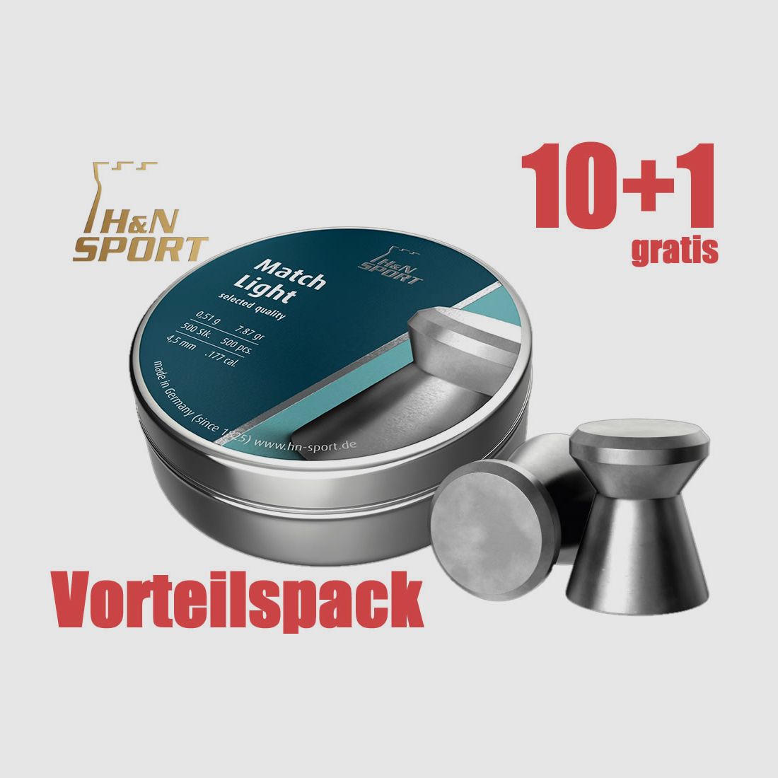 10+1 GRATIS x 500 StĂĽck H&N Match Light Diabolo, Flachkopf, glatt, 0,51 g, Kaliber 4,50 mm