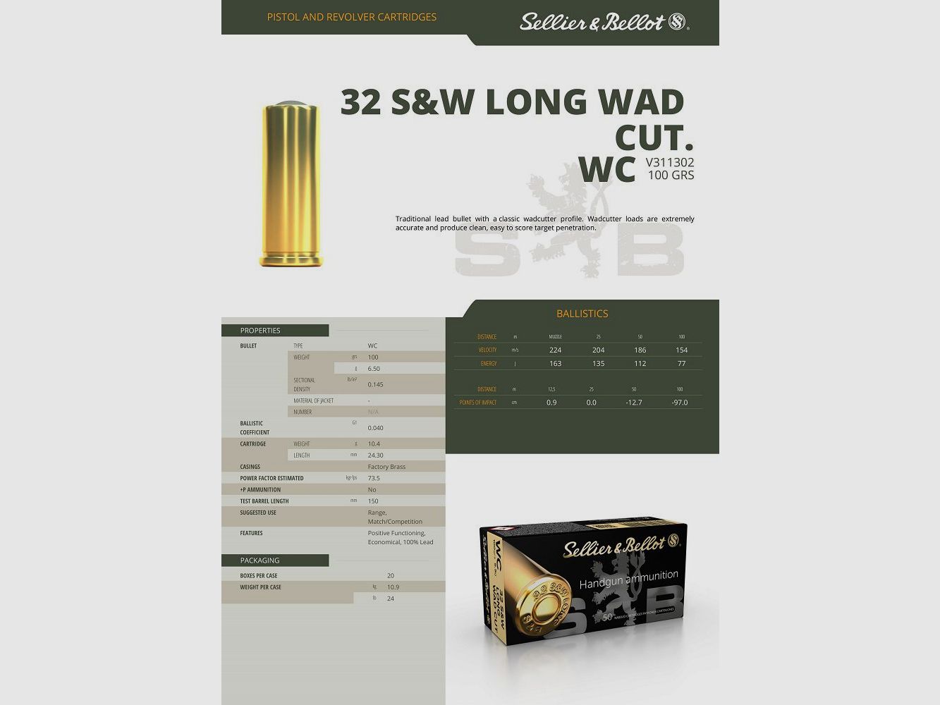 S&B AMMUNITION CALIBER .32 S&W Long WC 100 GRS x 500, image 2 of 3