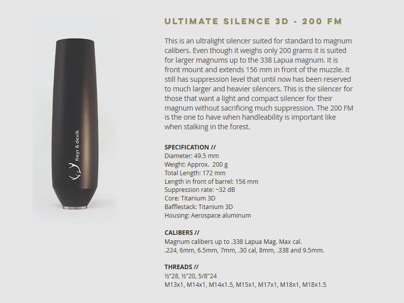 Freyr & Devik Ultimate Silence 3D 200 FM - Kaliber .30 - Gewinde M15x1 *wie neu*