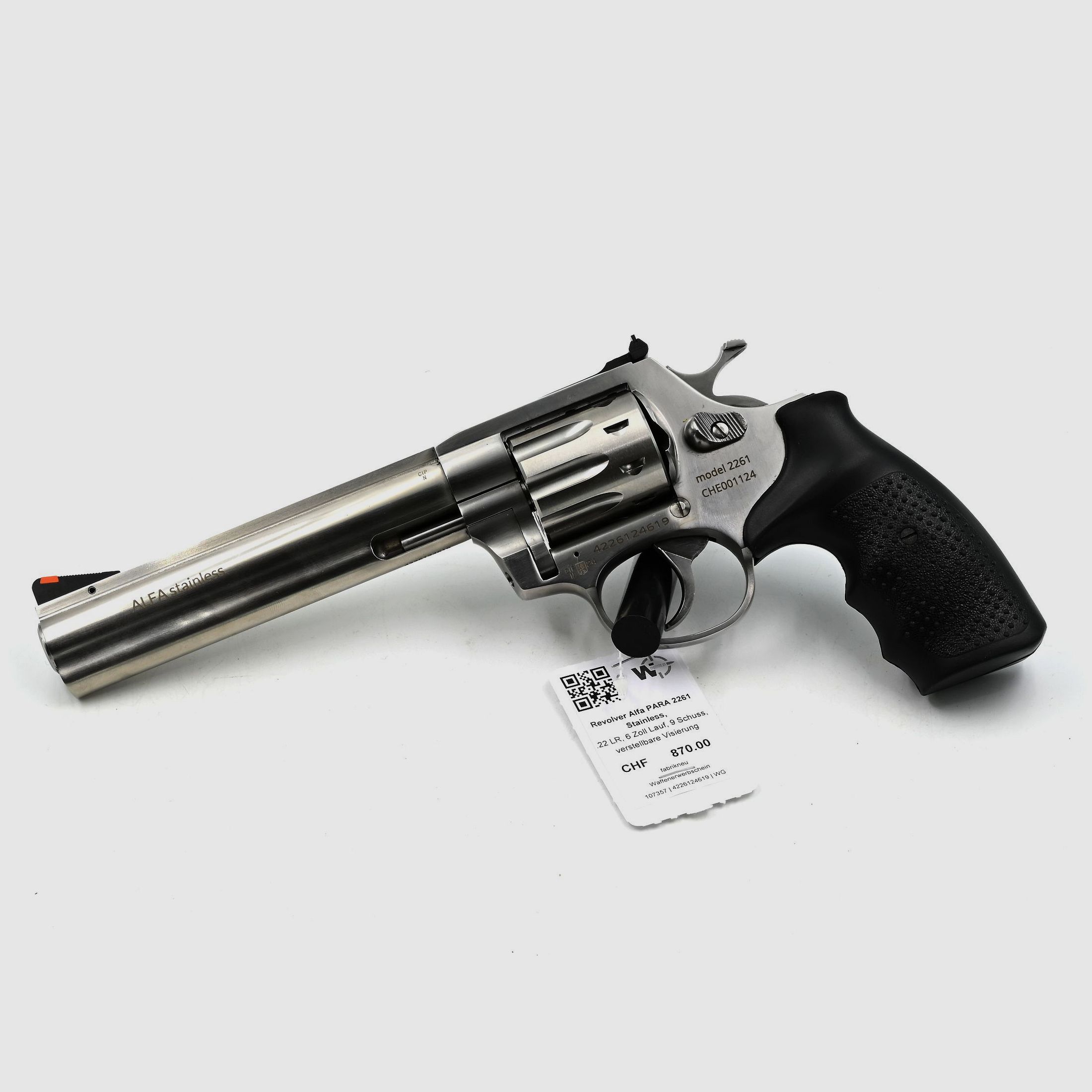Revolver Alfa PARA 2261, Acciaio inossidabile, .22 LR, canna da 6", 9 colpi, mirini regolabili, immagine 1 di 2