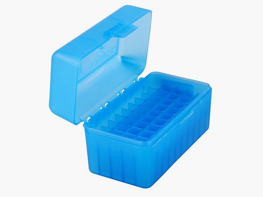 Caja de cartuchos MTM RS-50-24 azul transparente con tapa abatible para 50 cartuchos .17 y menos
