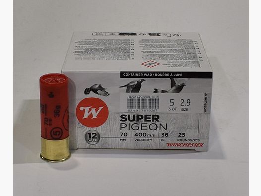 Box mit 25 Patronen Kal. 12/70 Winchester Super Pigeon 36 Gramm Schrot 5