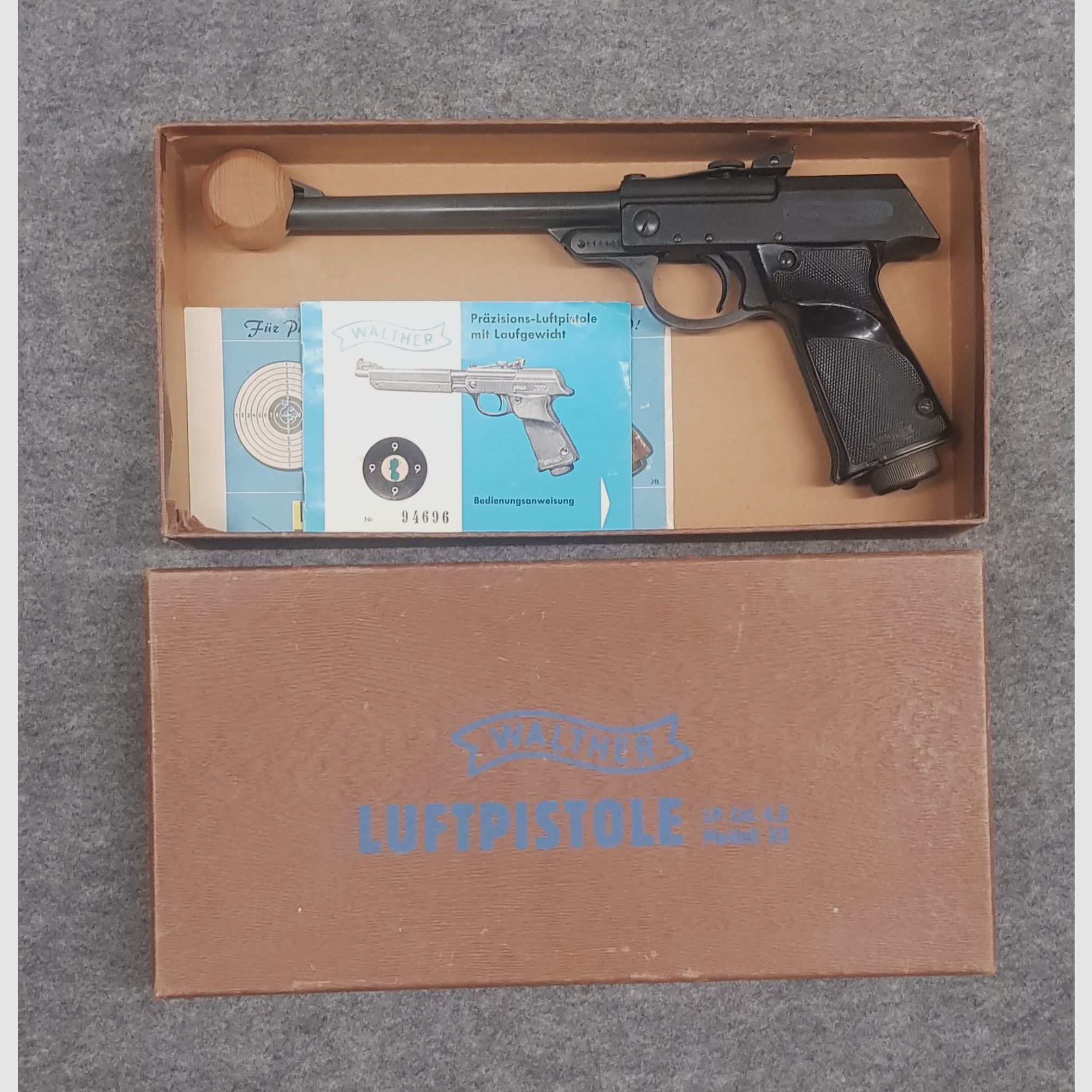 Luftpistole Walther Mod. LP 53 im OVP Karton, Beschreibung u. Flyer aus den 60iger James Bond 007 