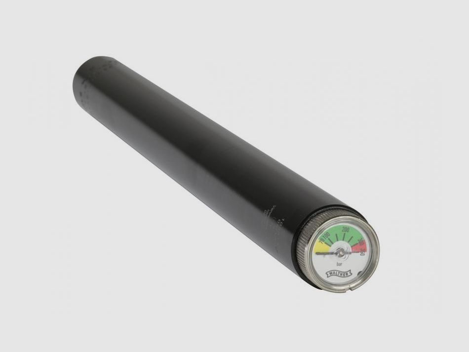 Luftdruckbehälter Stahl Walther 300 bar schwarz 200 ccm, Länge 380 mm, 750 gr mit Manometer