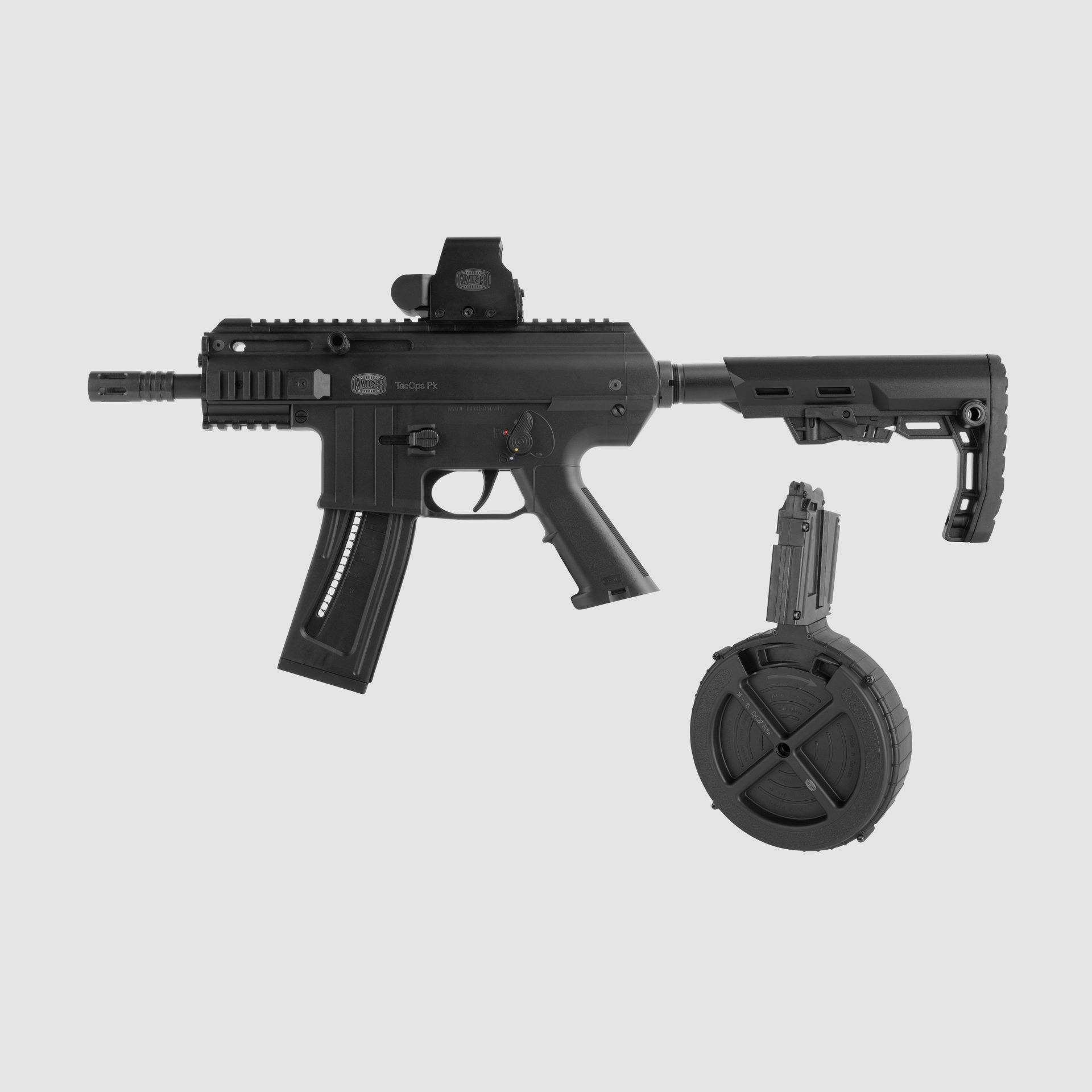 Pistole Mauser TacOps cal. 22l.r. mit Trommelmagazin und Mauser Red Dot