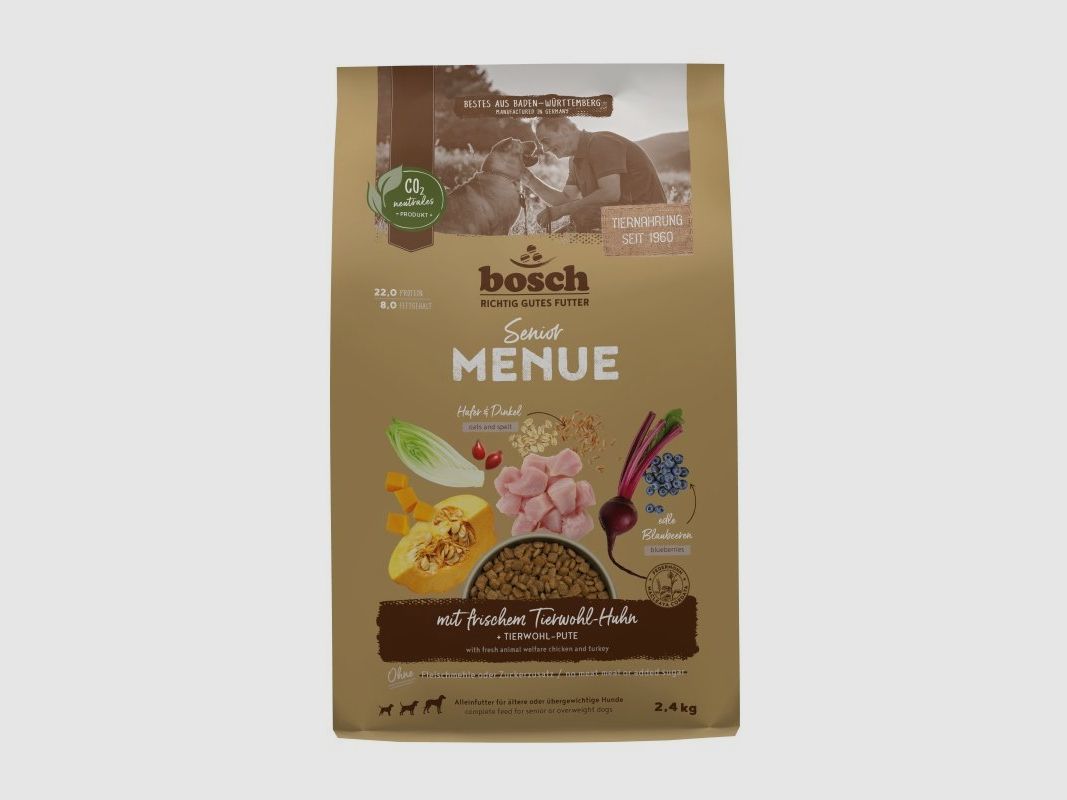 Bosch Hunde Trockenfutter HPC Menü Senior Tierwohl-Huhn + Dinkel & Hafer 2,4 kg