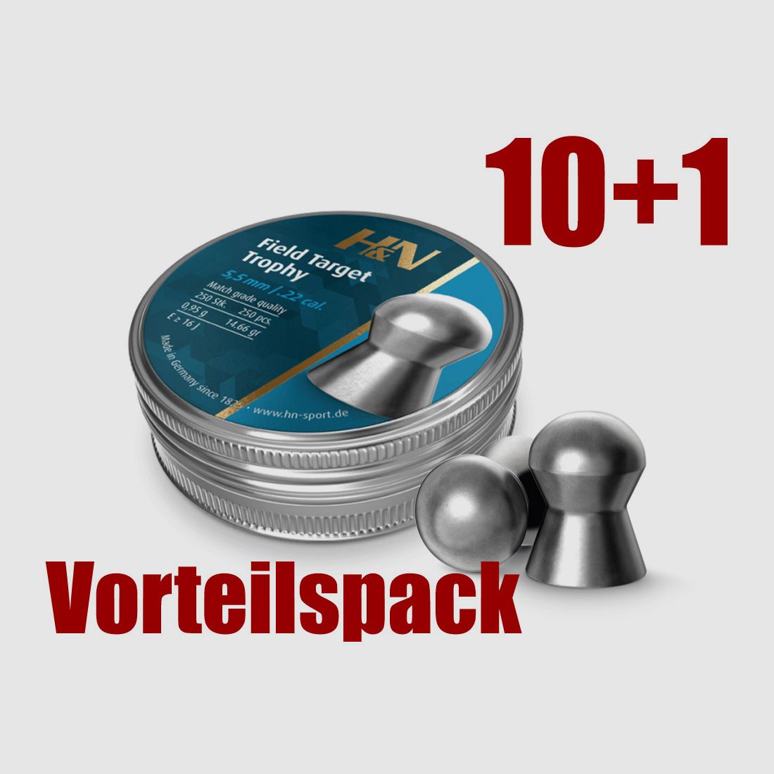 10+1 GRATIS x 250 StĂĽck H&N Field Target Trophy Diabolo, Rundkopf, glatt, 0,95 g, Kaliber 5,55 mm