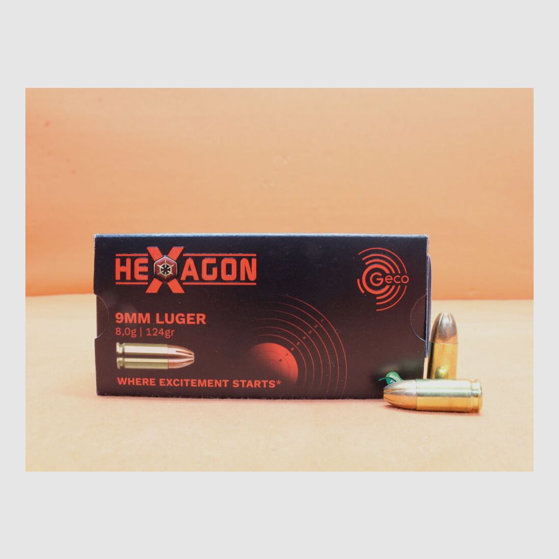 GECO Patrone 9mmLuger GECO 124grs HEXAGON (2318840) VE 50 Patronen (SuperClean-Schadstoffarm)/ 8,0g Hohlspitz-Scheibengeschoß