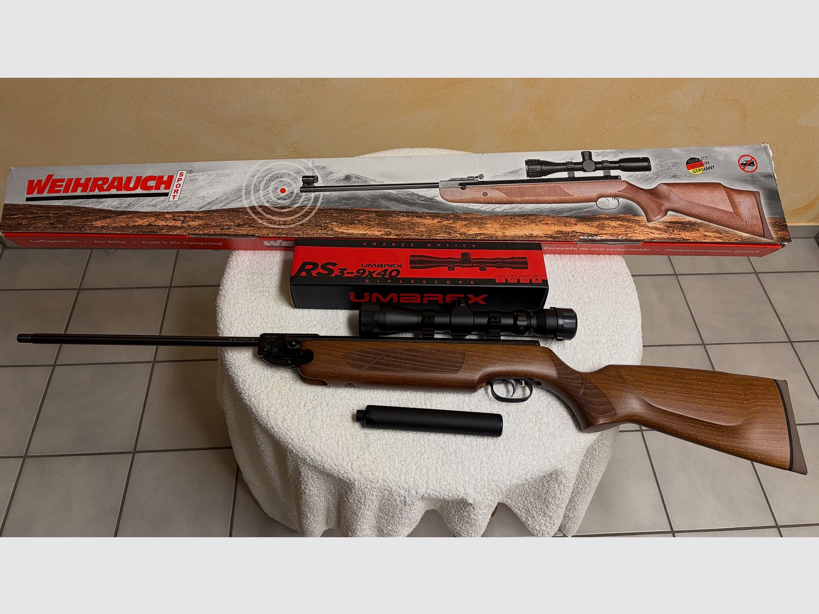 Fucile ad aria compressa: Weihrauch KW 35 K con silenziatore e telescopio Umarex RS 3-9x40, nuovo e mai usato,