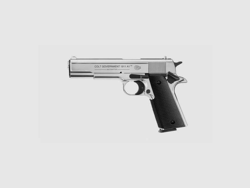 Colt Government 1911 A1 9 mm P.A.K., Polished Chrome-Finish Blank-Firing Pistol