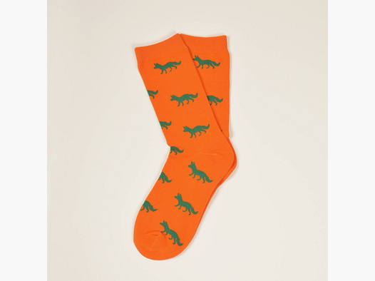 Orange Socken, Fuchs in Grün