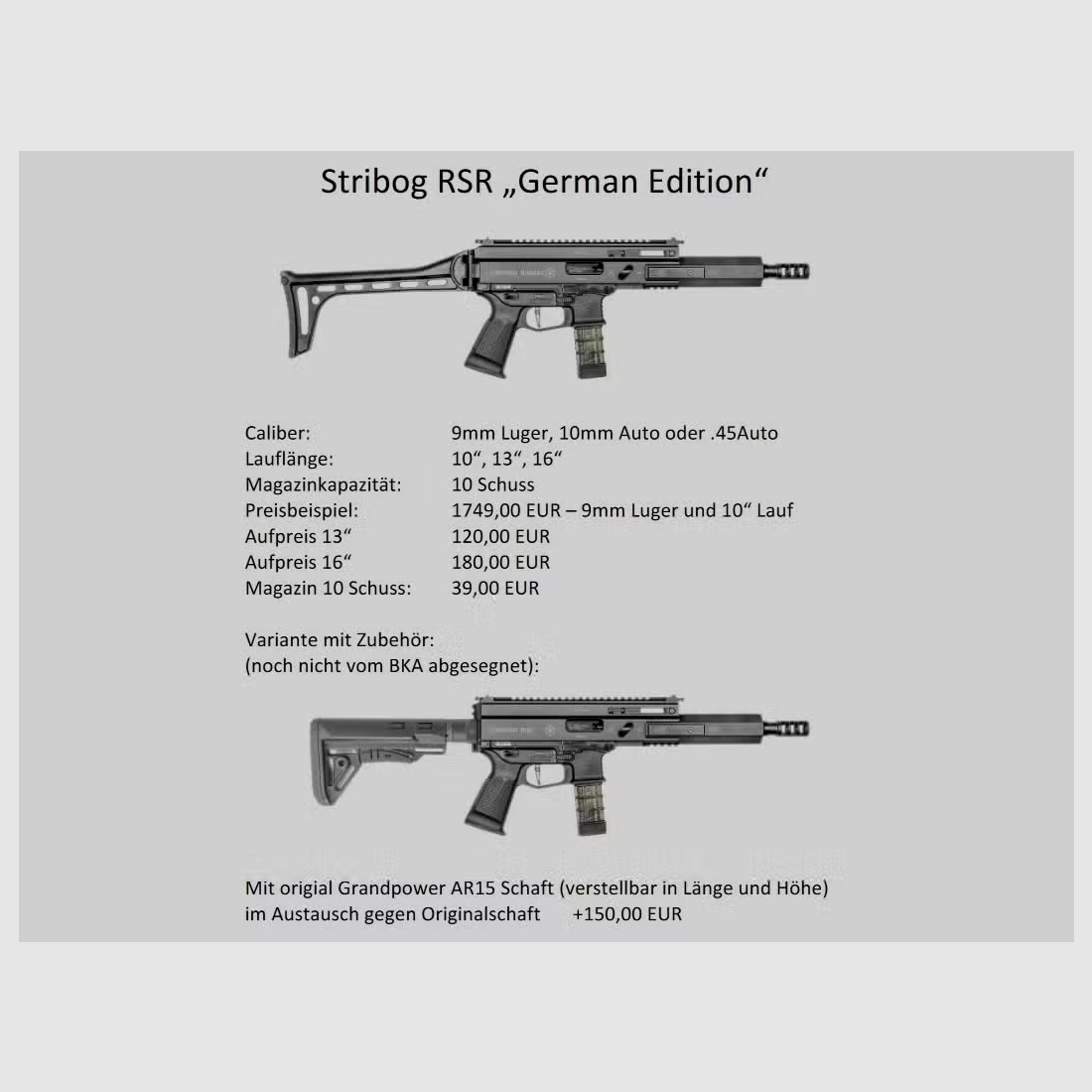 Selbstladebüchse  PCC Stribog RSR –  mit sportlicher Zulassung 9mm Luger NEU auf Lager!