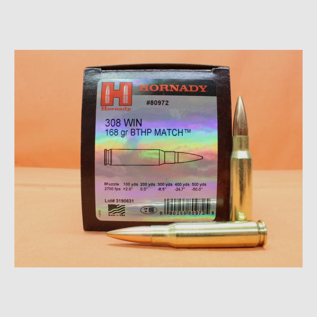Hornady Patrone .308Win Hornady 168grs BTHP (80972) VE 50 Patronen/ 10,89g Hohlspitz-Torpedoheck-Match