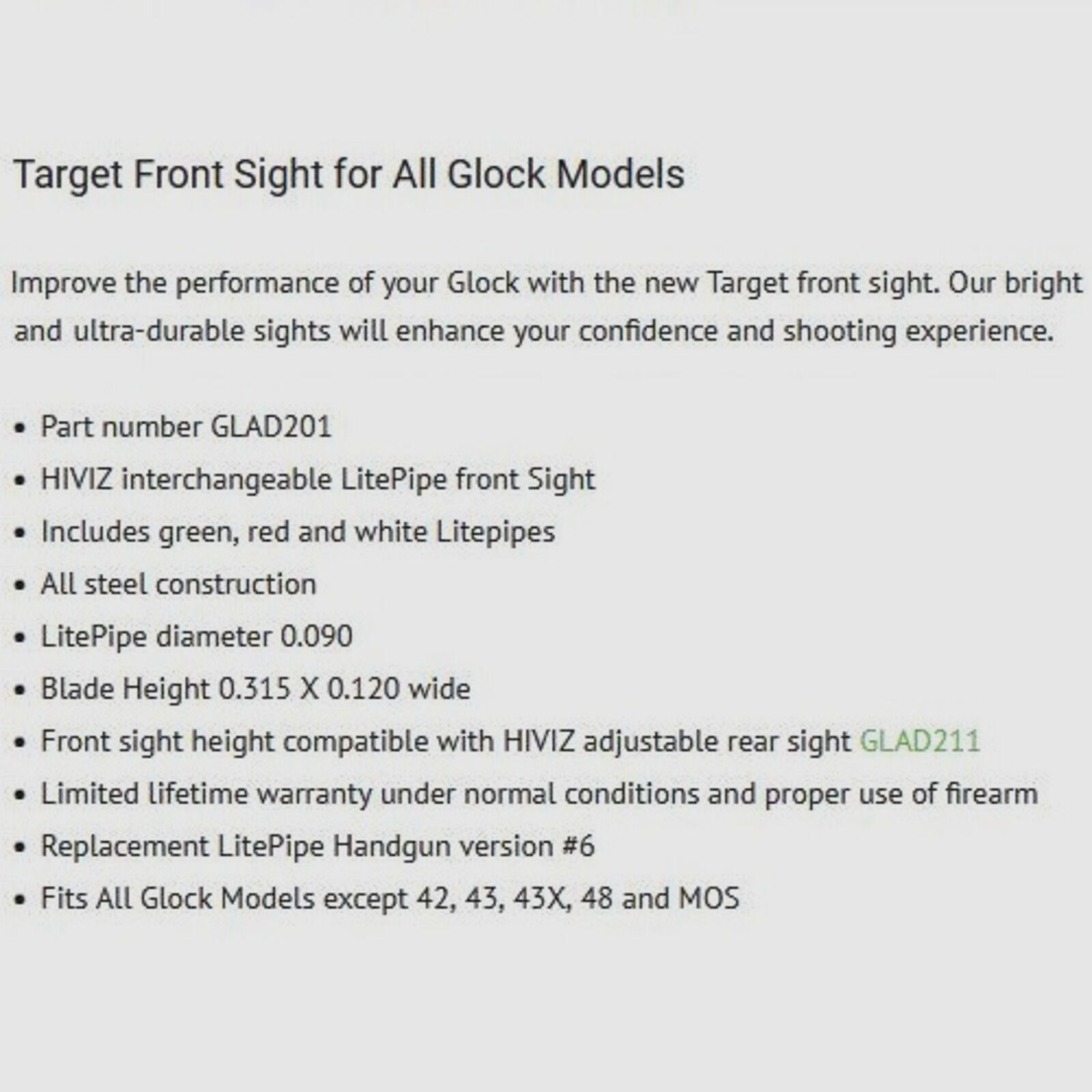 Hiviz HIVIZ Visierkorn Fiber .315 Glock Pistole