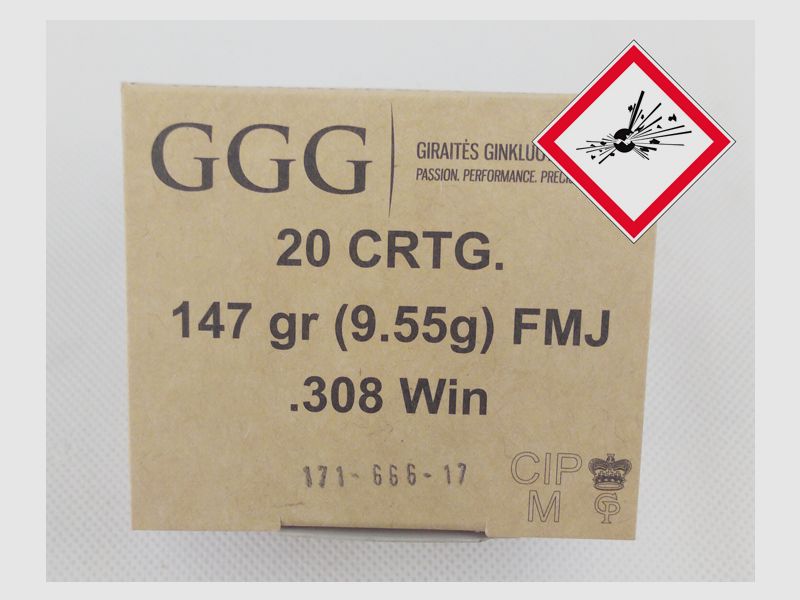 GGG Büchsenpatrone .308 Win FMJ BT 147grs.