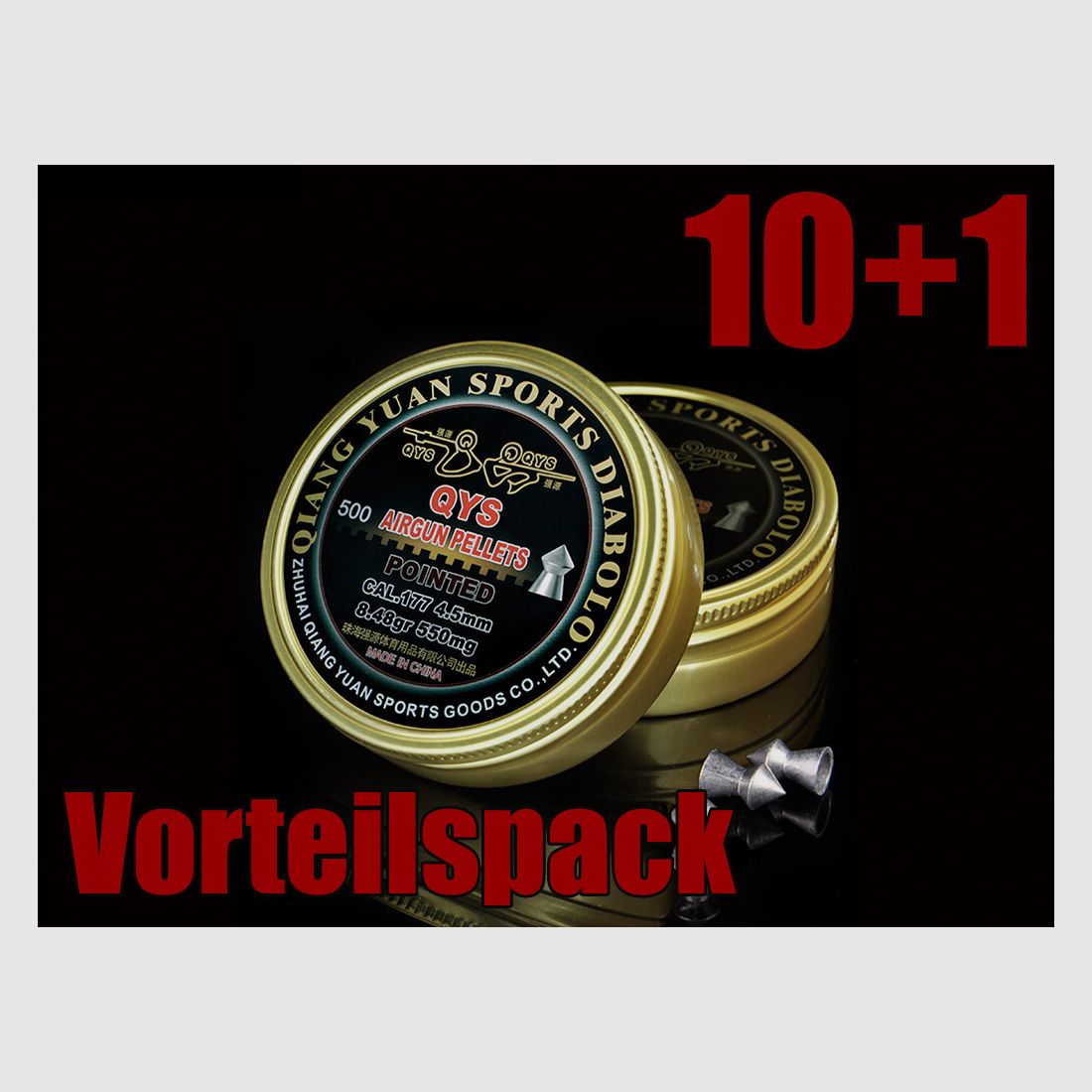 10+1 GRATIS x 500 StĂĽck QYS Qiang Yuan Sports Pointed Diabolo, Spitzkopf, glatt, 0,55 g, Kaliber 4,49 mm