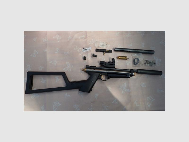 Crosman 2250B , ähnlich 2240 , mit Schalldämpfer und Stahlverschluss mit F, langer Schaft