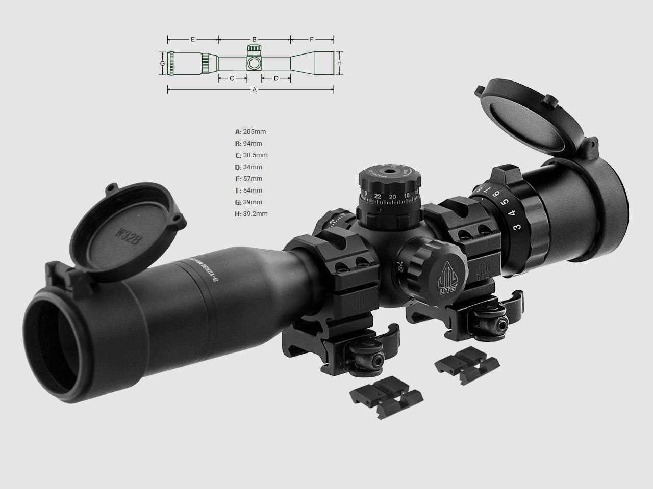 Zielfernrohr UTG BugBuster 3-12x32 Side AO, 1 Zoll Tubus, Mil Dot Absehen, Weaver-, Picatinny + 11 mm Montage