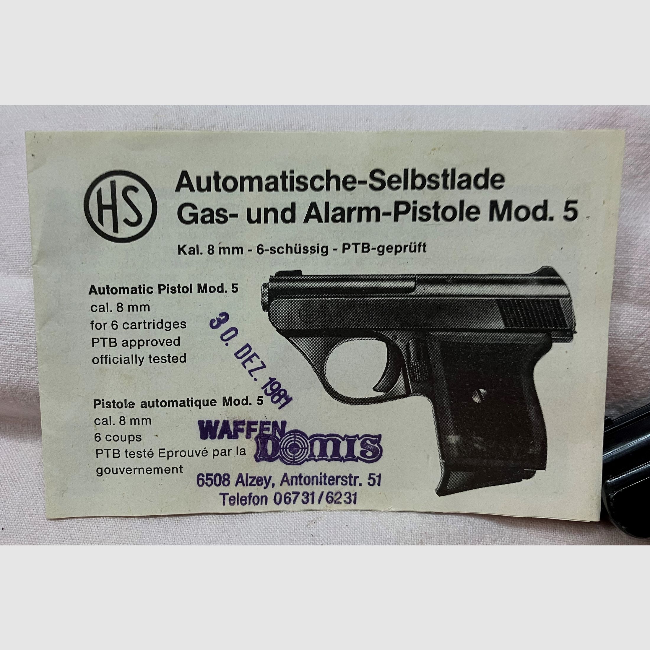 HS Gas- und Alarm-Pistole, Mod. 5, Kal. 8 mm, PTB Nr. 100, Taschenpistole 6-schüssig