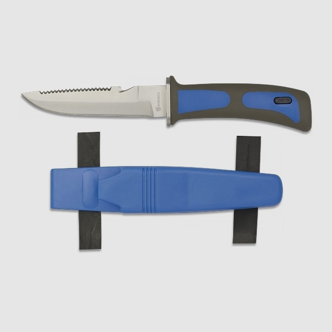 Diving knife with saw back and cutter, leg rubber, BLUE
