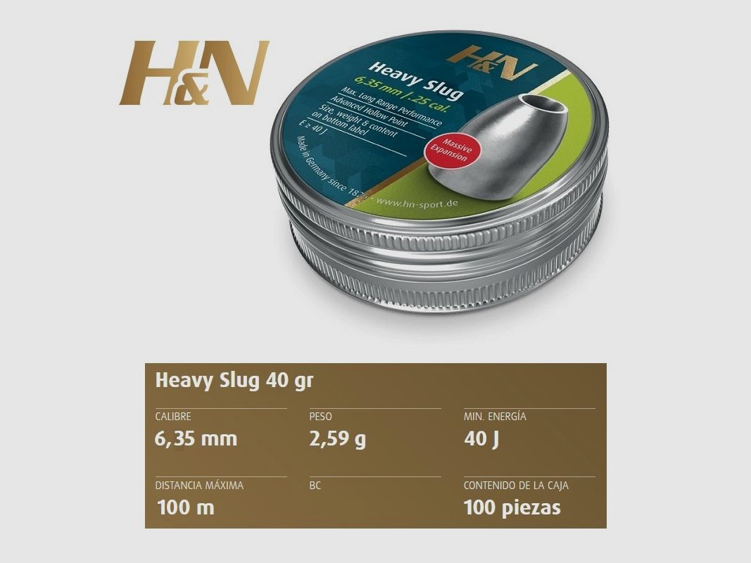 H&N Slug HP HEAVY cal. 6,32 mm /.249″ – Latta da 100 pallini di 2,59 g.