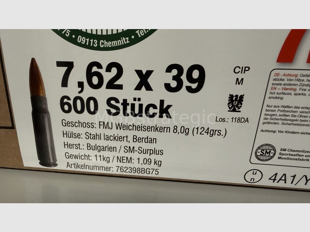 Cartucce 7,62 x 39 Surplus - SM 600 colpi - Paese di origine Bulgaria, involucro in acciaio verniciato Berdan, proiettile 8,0 gr. nucleo morbido, confezionato in 75/600 cartucce in UN BOX con CIP