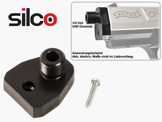 SILCO SchalldĂ¤mpferadapter fĂĽr CO2 Pistole Walther CP99 x 1/2 Zoll UNF-Gewinde schwarz