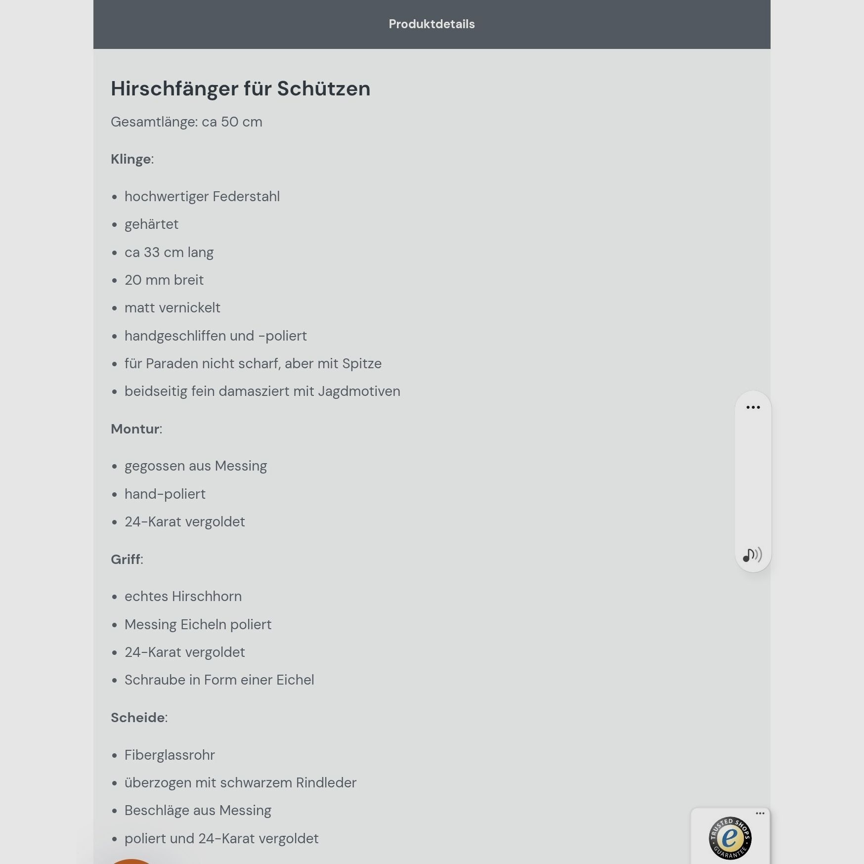 NEU -  1 Hirschfänger  -  50 cm -  24 k - Hirschhorn, immagine 5 di 6