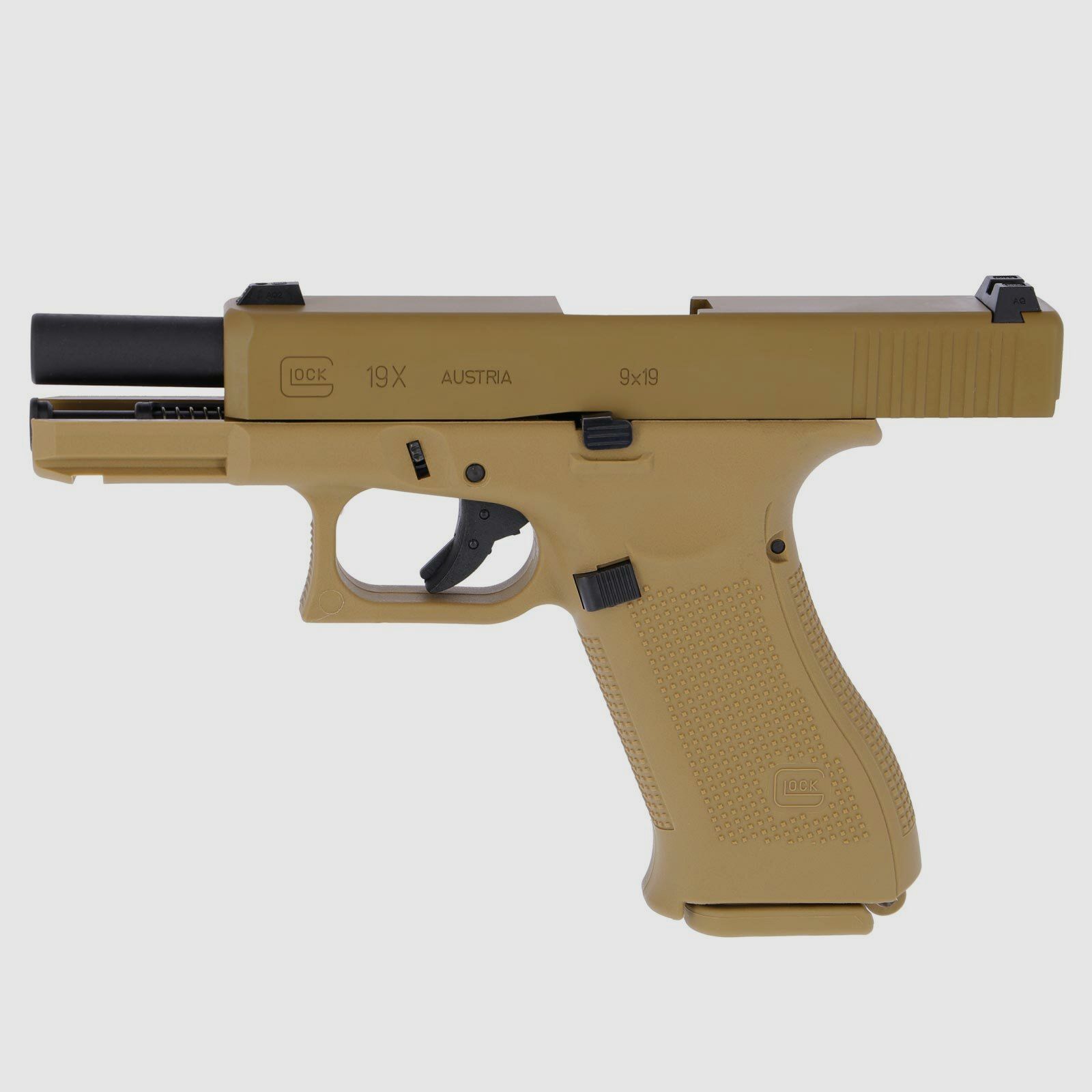 Komplettset Glock 19X Softair-Pistole Coyote Kaliber 6 mm BB  Gas Blowback (P18)