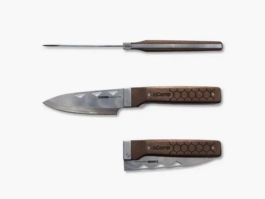 nCamp Elite Cuchillo de Chef (Hoja de Damasco/Mango de Nogal) con Funda de Cuero