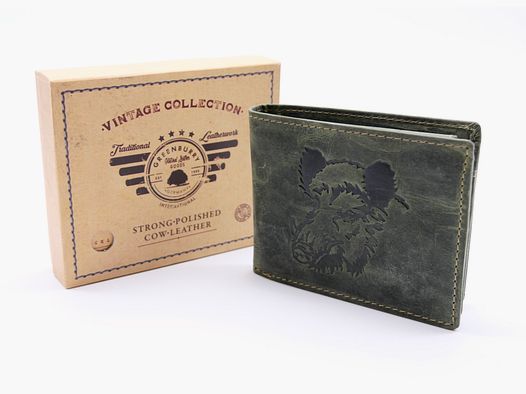 Greenburry Leder Geldbörse olive Vintage Animal Collection Keiler stag 1705-wildboar-30