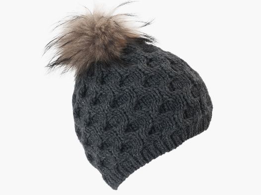 Knitted hat with real fur pompom and honeycomb pattern