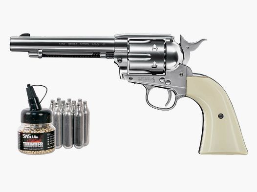 CO2 Revolver Colt Single Action Army SAA .45 5.5 Zoll Nickel Finish weiĂźe Griffschalen Kaliber 4,5 mm BB (P18)+ Stahlrundkugeln CO2 Kapsel