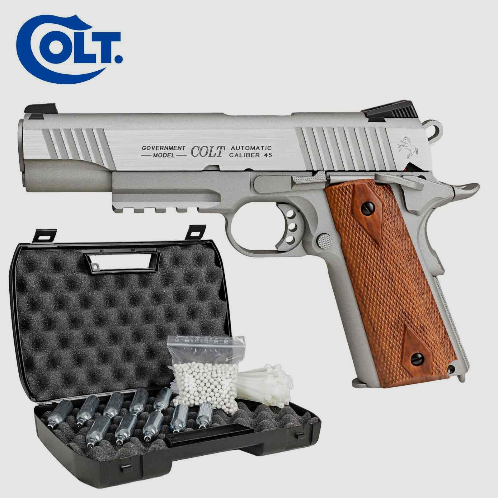 Komplettset Colt 1911 Railgun Stainless Vollmetall Softair-Co2-Pistole Kaliber 6 mm BB Blowback (P18)