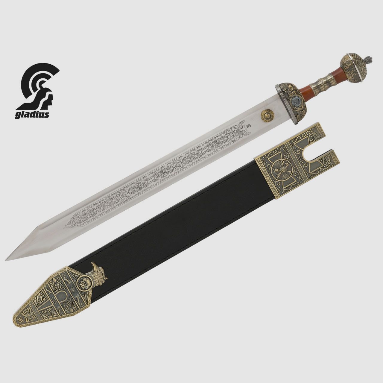 Kurzschwert rĂ¶mischer Gladius Stahl 420 KlingenlĂ¤nge 59,5 cm Lederscheide verziert (P18)