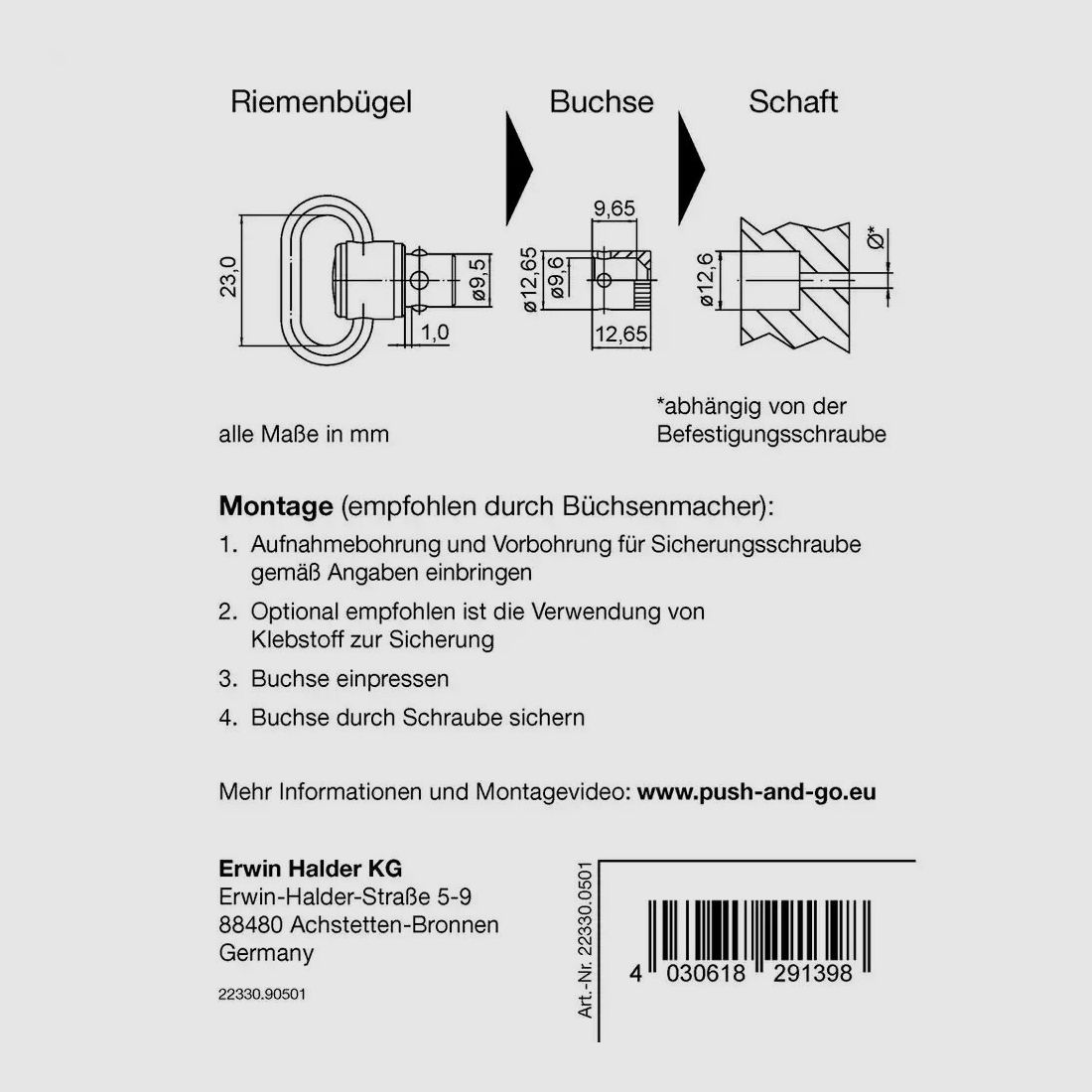 Halder Riemenbügel und Buchse "Push & Go" für Holzschäfte