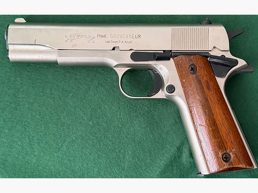 IWG Gouverneur 1911 cal. 9mm P.A. Knall, PTB 668, Nickel, Holzgriffschalen