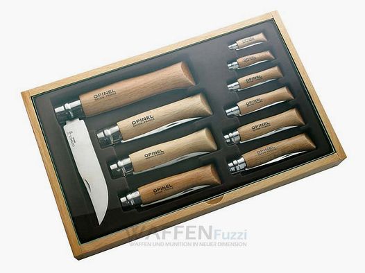 Variedad de cuchillos de bolsillo Opinel en caja de madera